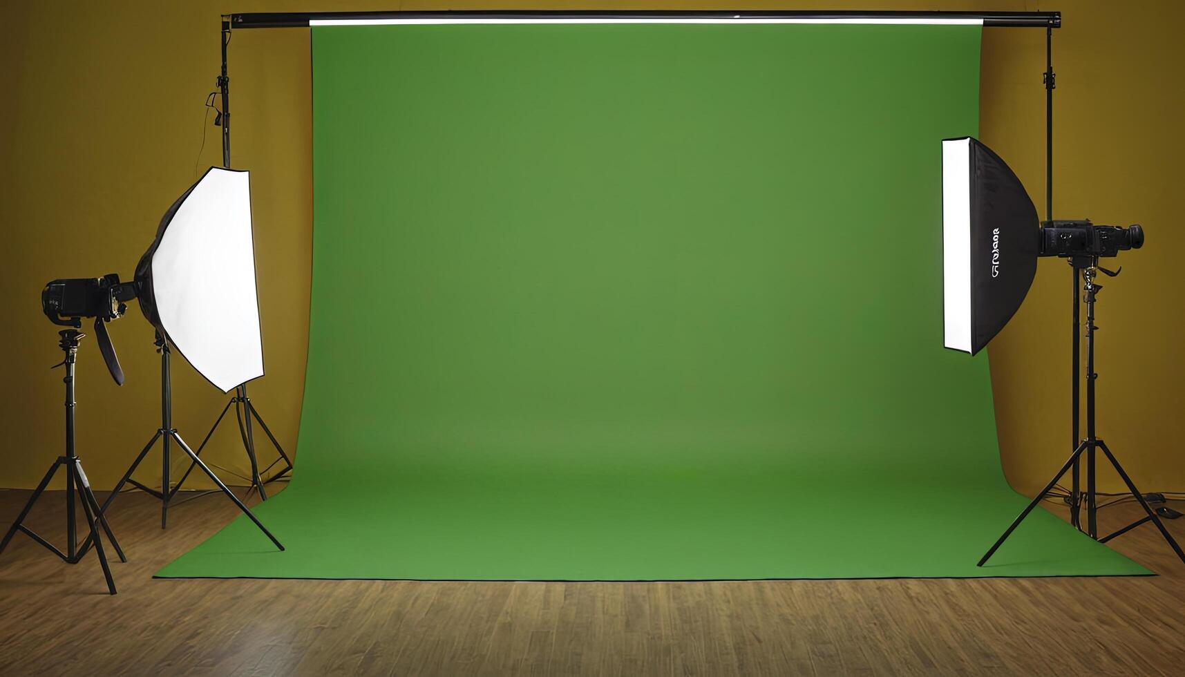 Green screen and lighting equipment in a studio photo