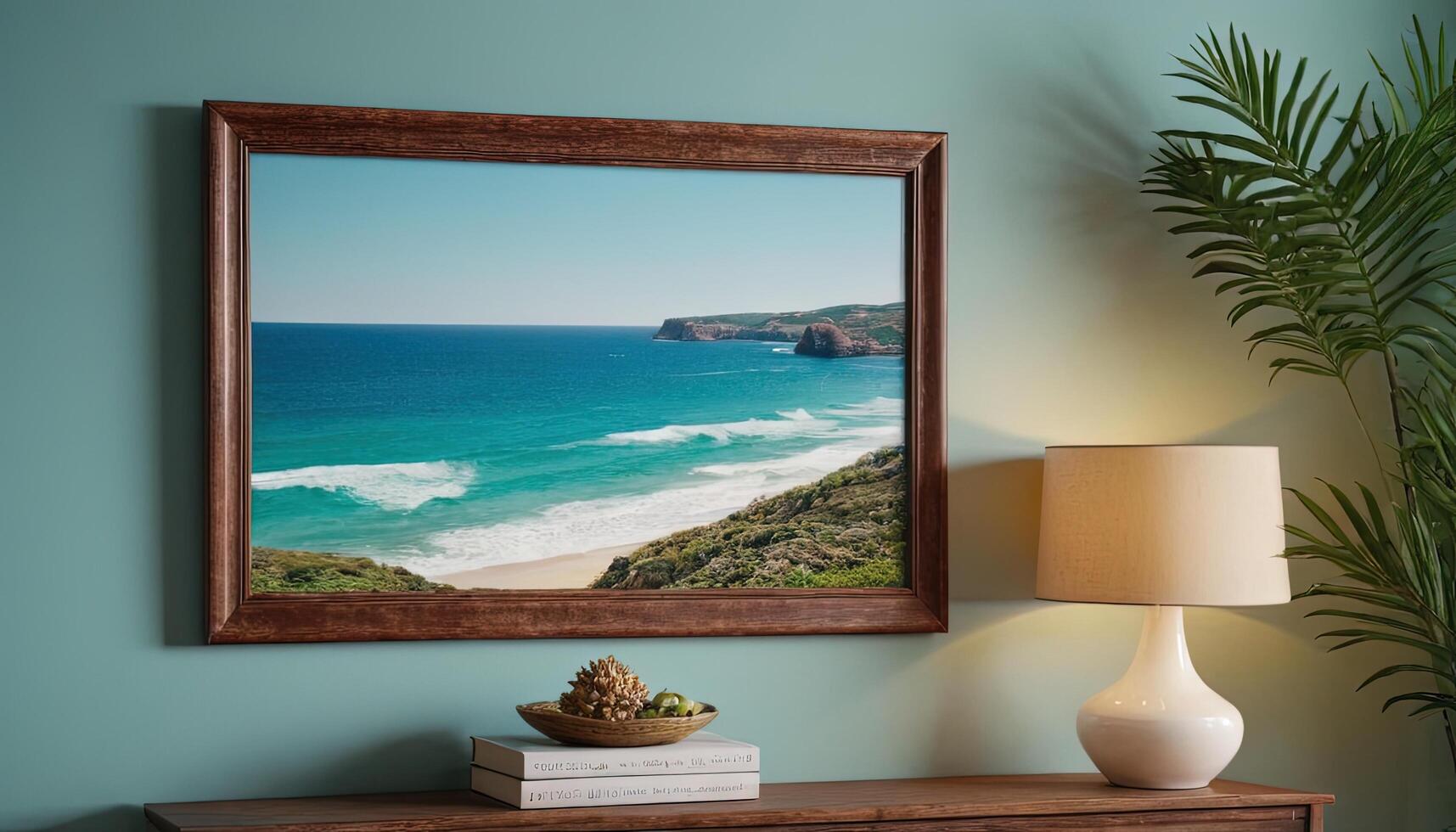 A framed photo of the ocean and a beach on a wall in a living room