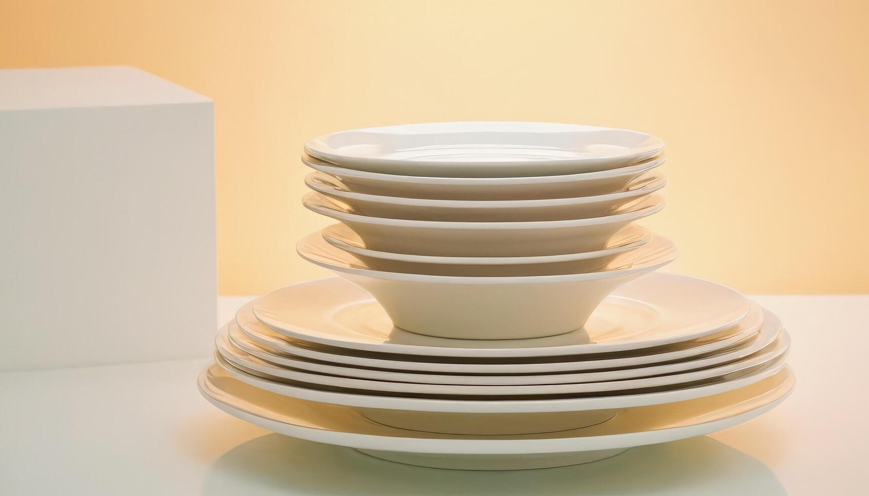A stack of white plates and bowls on a table photo