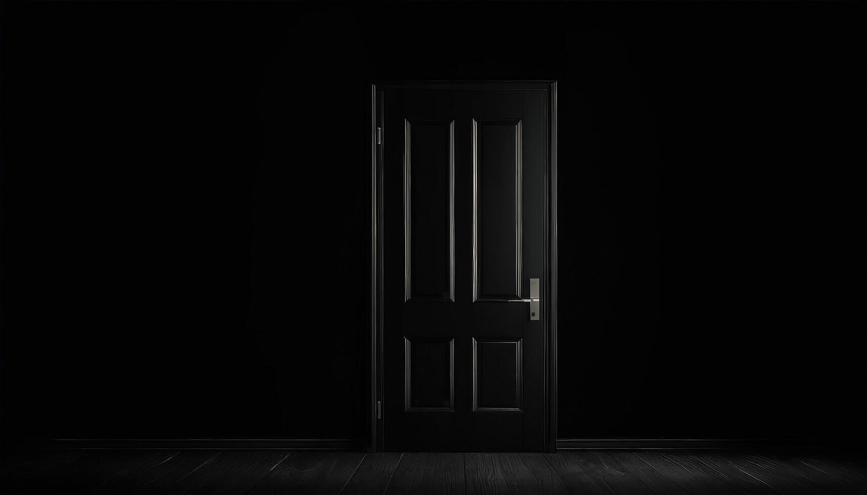 An empty room with a black door and a light photo
