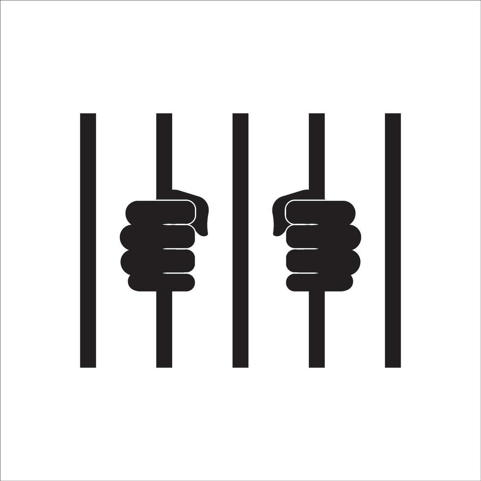 Prison icon. Hand holding prison bars. Silhouette of criminal behind bars. For your website, logo, app, UI design. illustration, isolated on white background. vector