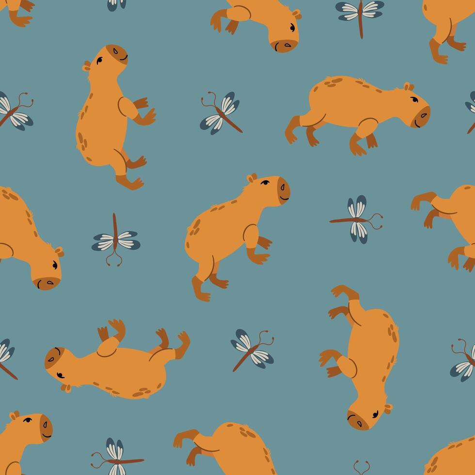 Seamless pattern with cute capybaras. Design for fabric, textile, wallpaper vector