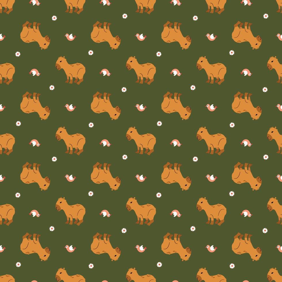 Whimsical pattern with capybara and birds. Design for fabric, textile, wallpaper vector