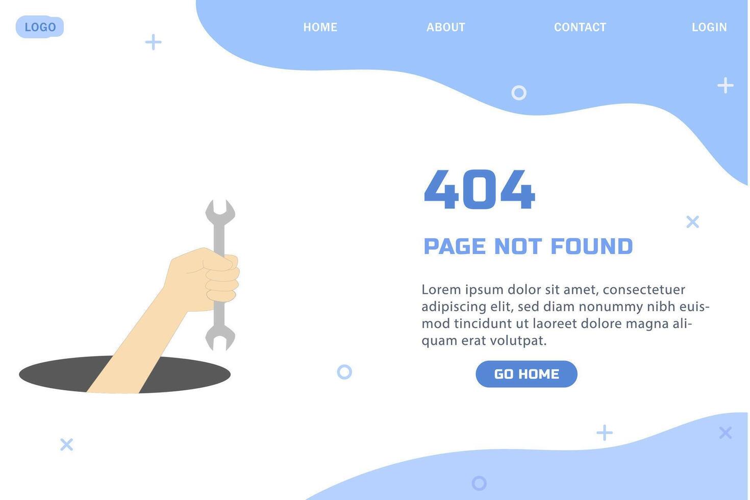 Flat illustration of 404 error page with wrench concept about lost internet connection modern web page template not found minimal style user interface design banner vector