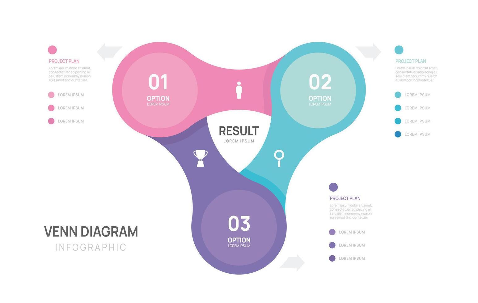 Venn diagram infographic geometric chart template for business start up presentation 3 steps. vector