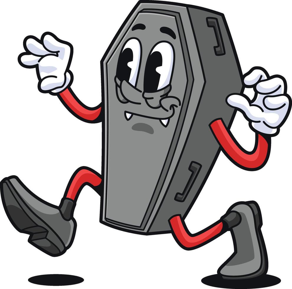 vintage cartoon mascot character coffin is scaring and running vector