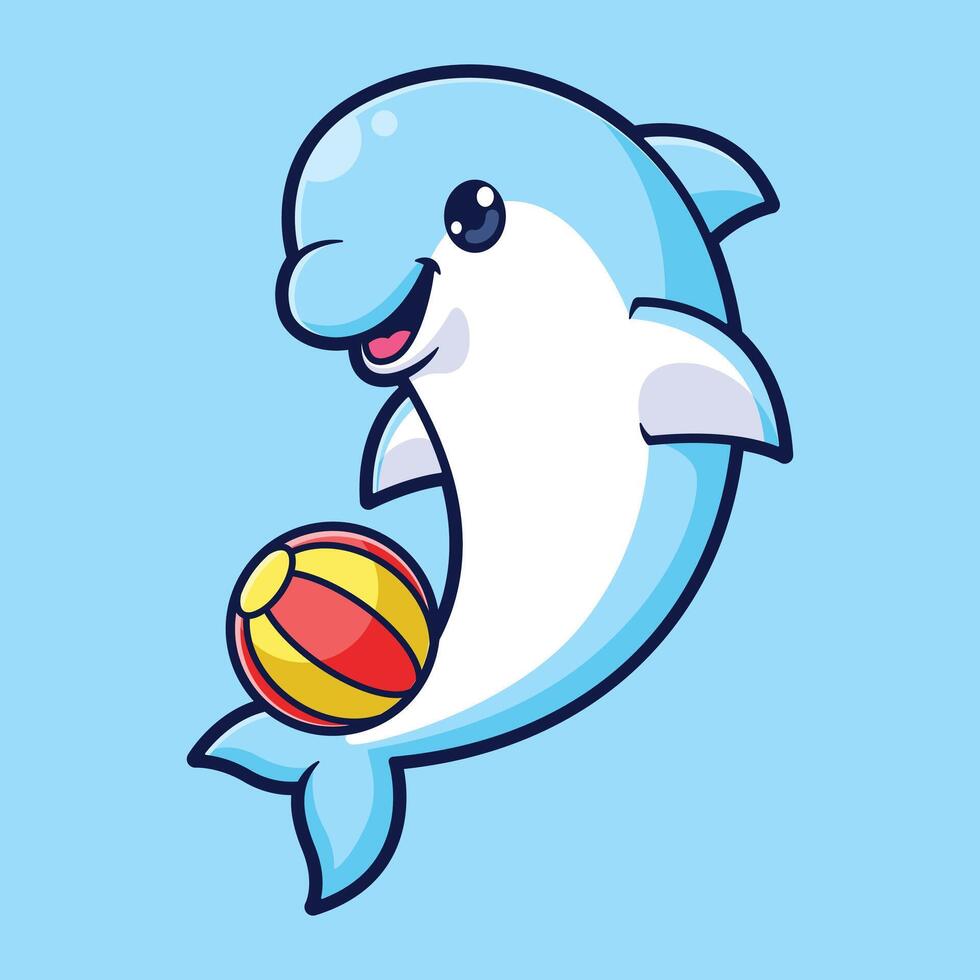 cute cartoon of a dolphin playing a beach ball with its tail vector