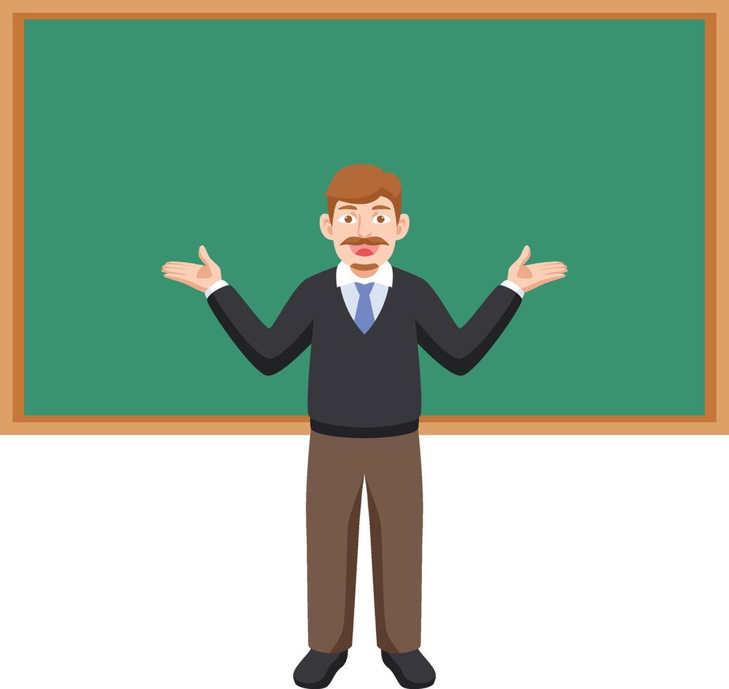 The character of the teacher is explaining to his students in front of the blackboard vector