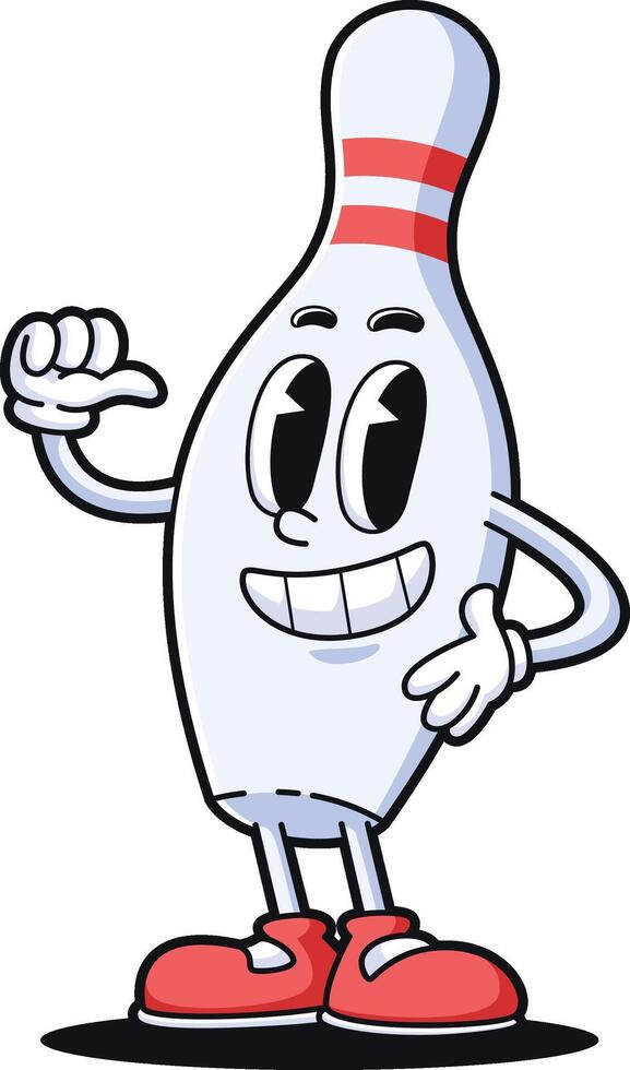 vintage cartoon mascot character bowling pin standing pointing to his body vector