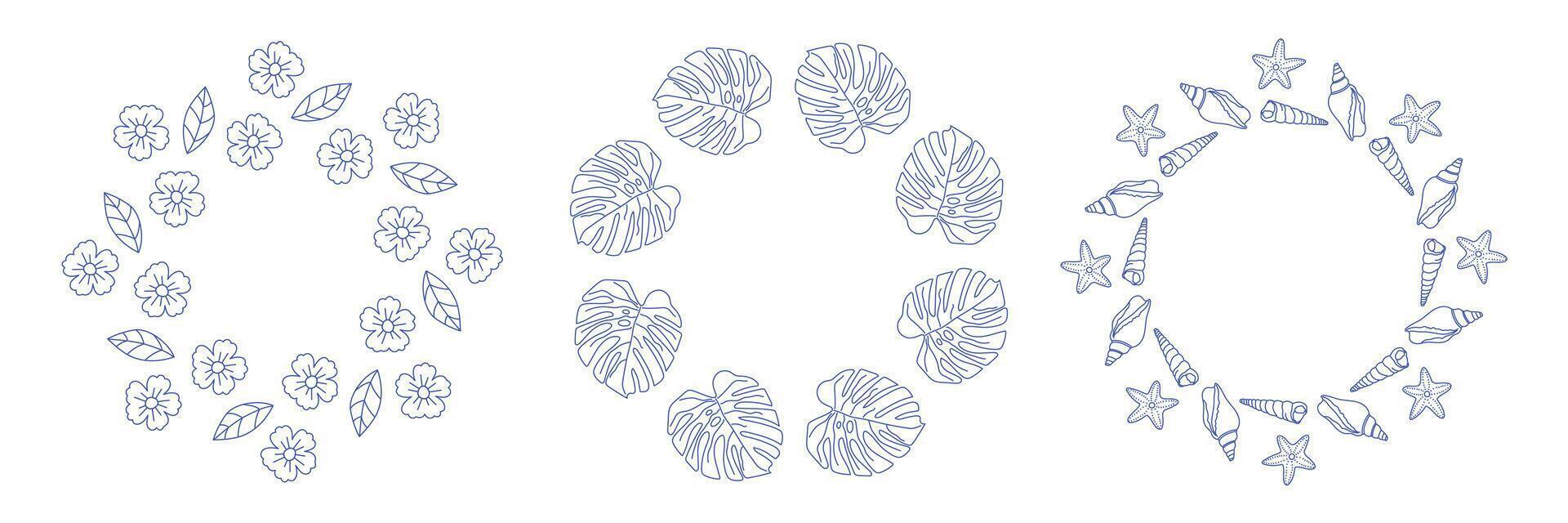 Summer Round Frames with Tropical Leaves and Shells vector