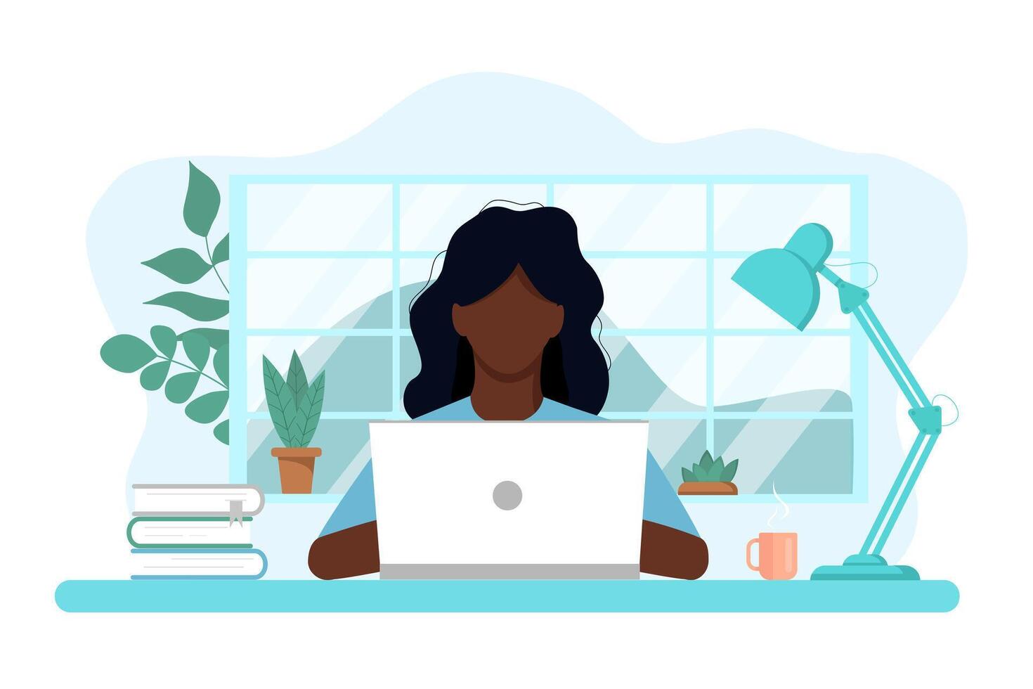 concept of work and study at home, chat online support remotely from home. Isolated white background. Young girl at a computer with flowers, books and a lamp. Illustration, flat style. vector
