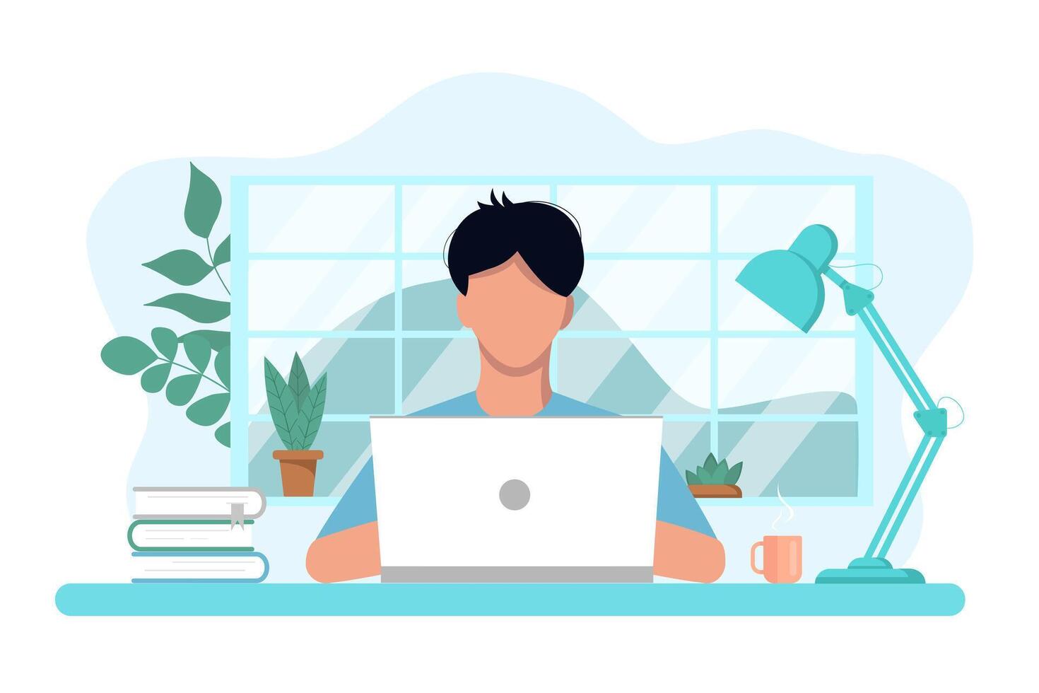 concept of work and study at home, chat online support remotely from home. Isolated white background. The guy at the computer c. with flowers, books and a lamp. Flat style, pastel colors. vector