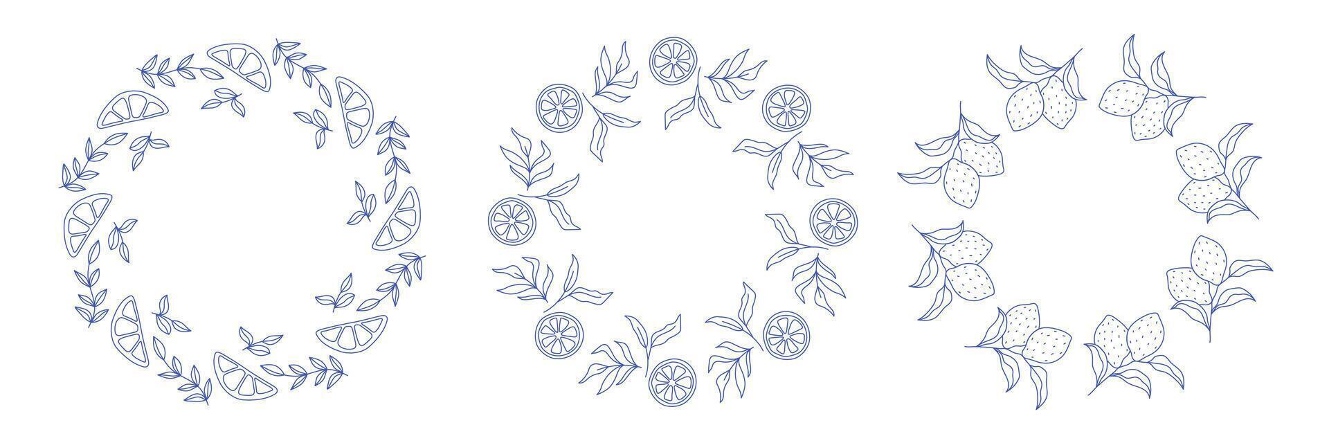 Summer round frames with tropical leaves and citrus lemon slices vector