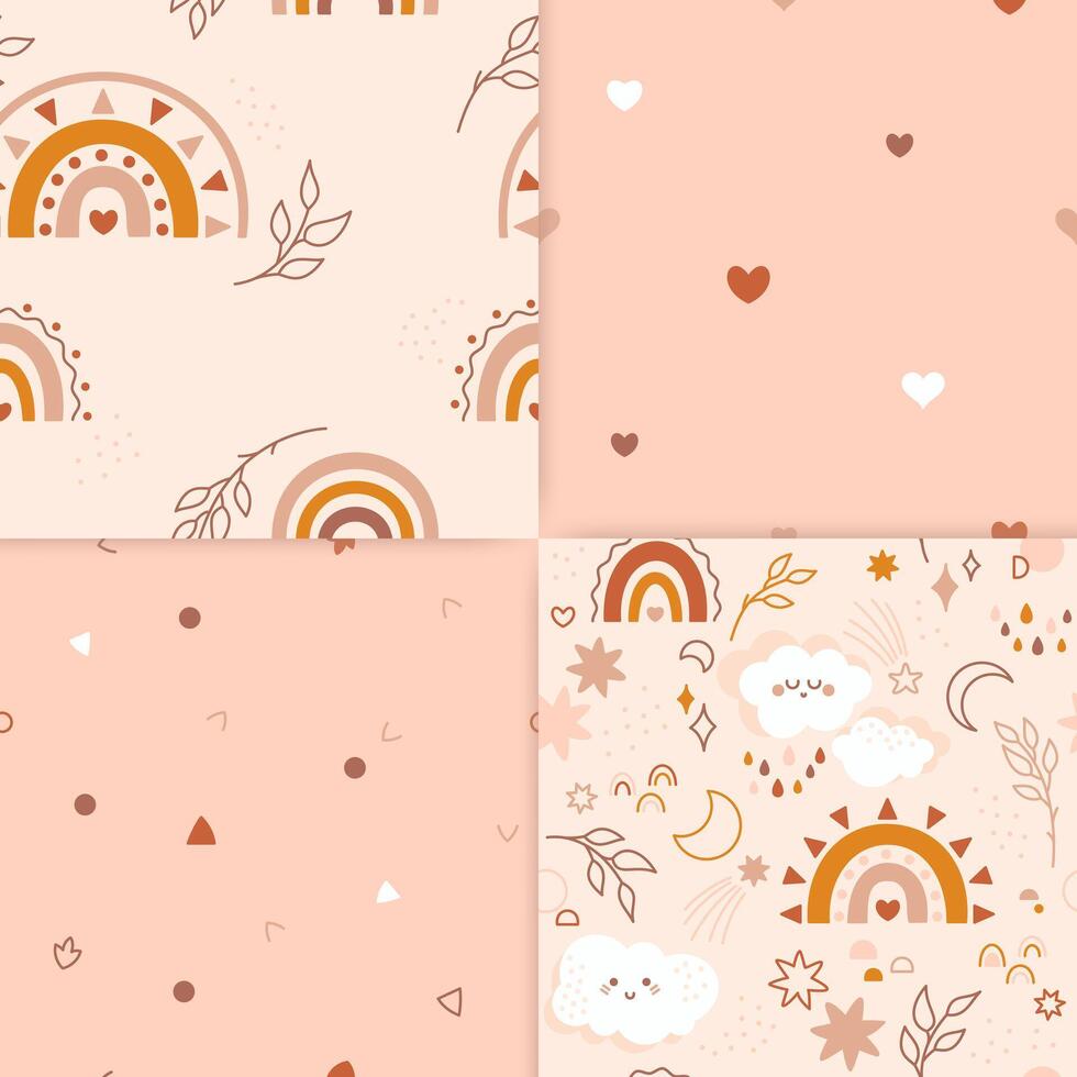 A set of four minimalistic children patterns.. The repeated images contains colored spots, rainbows, twigs, cute clouds with colored raindrops. Also stars, dots and lines of different shapes. vector