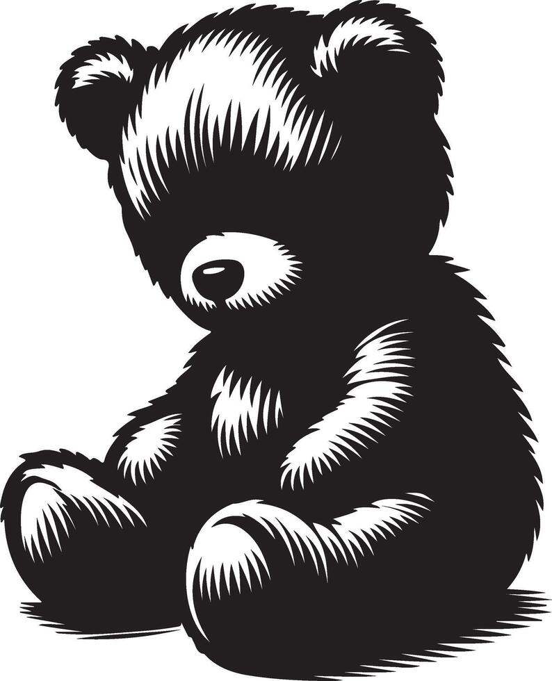 A black and white illustration of a teddy bear sitting down with its head tilted downwards slightly vector