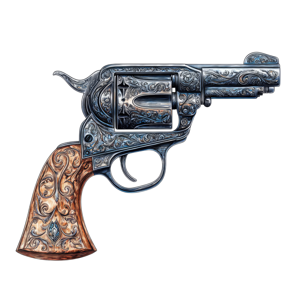 a revolver with ornate patterns on the side png