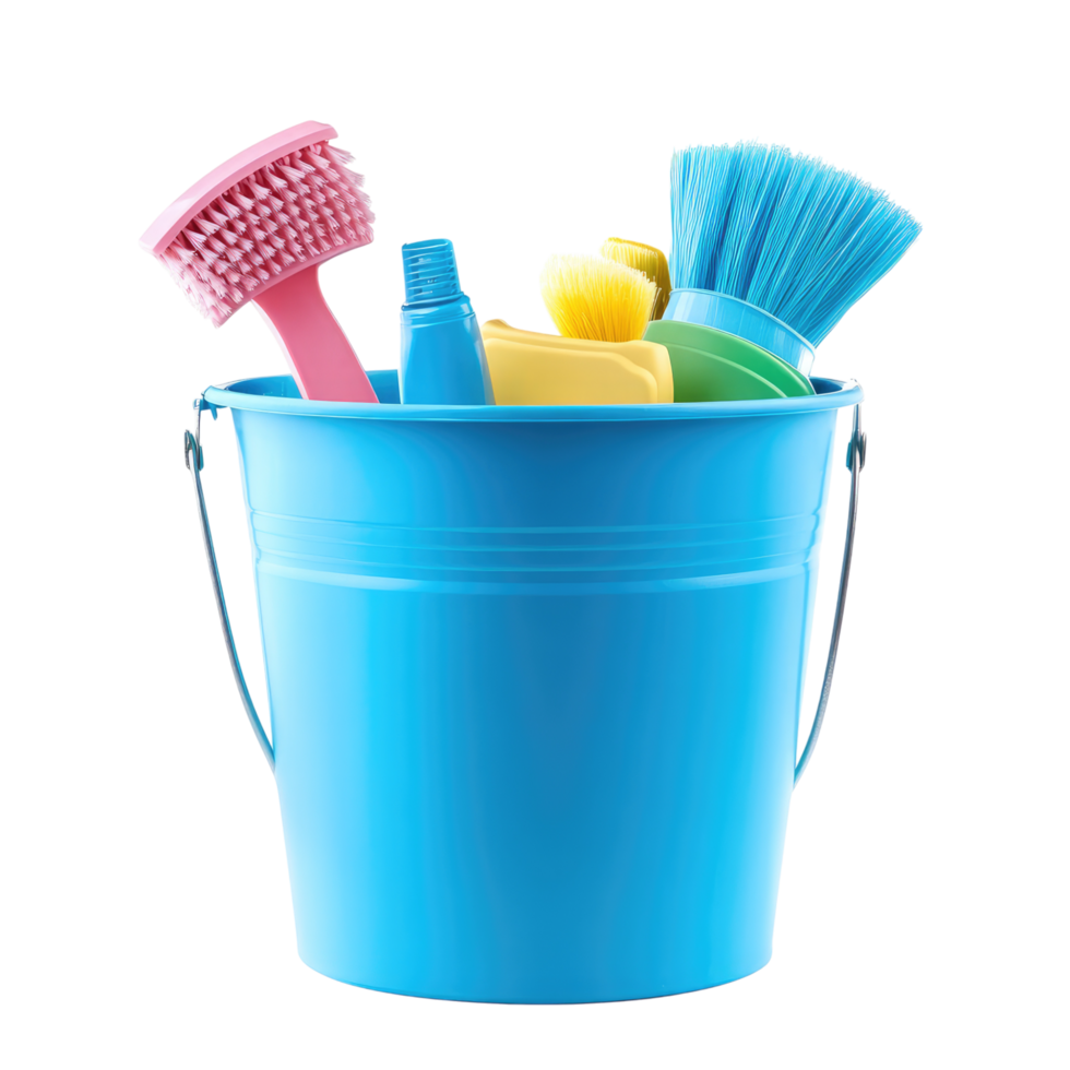 blue bucket with cleaning supplies on a transparent background png