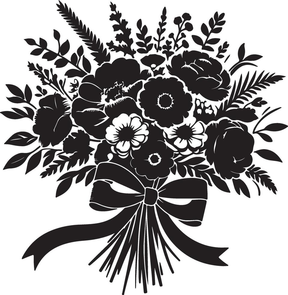 Black silhouette illustration of a floral bouquet with a ribbon tied around the stems design element vector