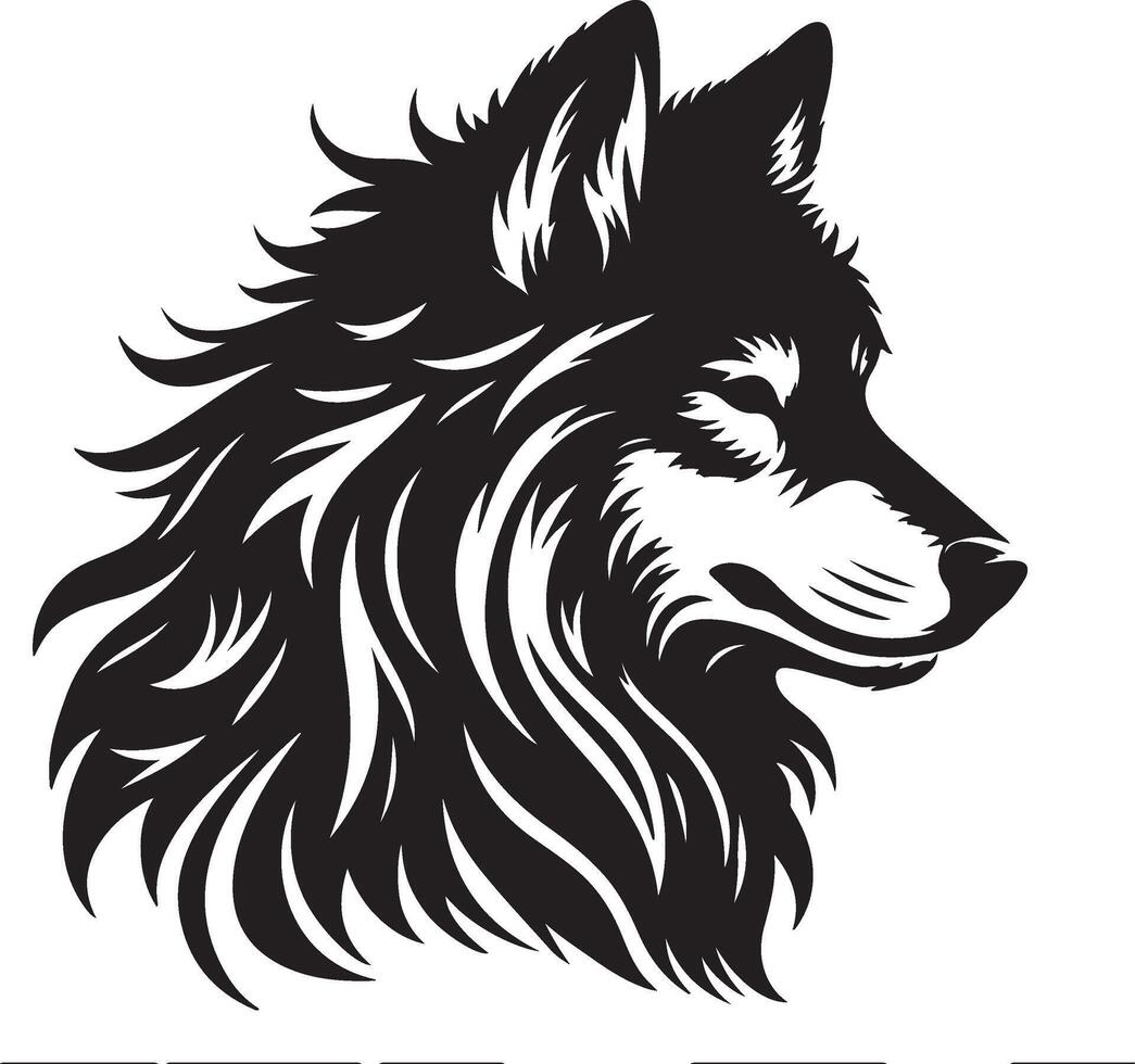 A monochrome illustration of a wolf's head in profile with detailed fur and sharp features design vector