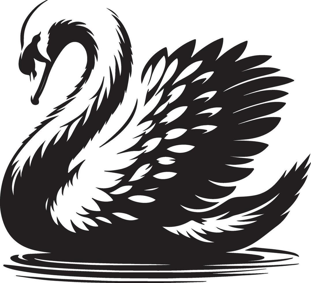 A black and white graphic illustration of a swan swimming on water with detailed feathering vector