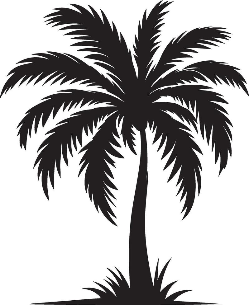 A silhouette illustration of a palm tree with fronds and grass against a white background space vector