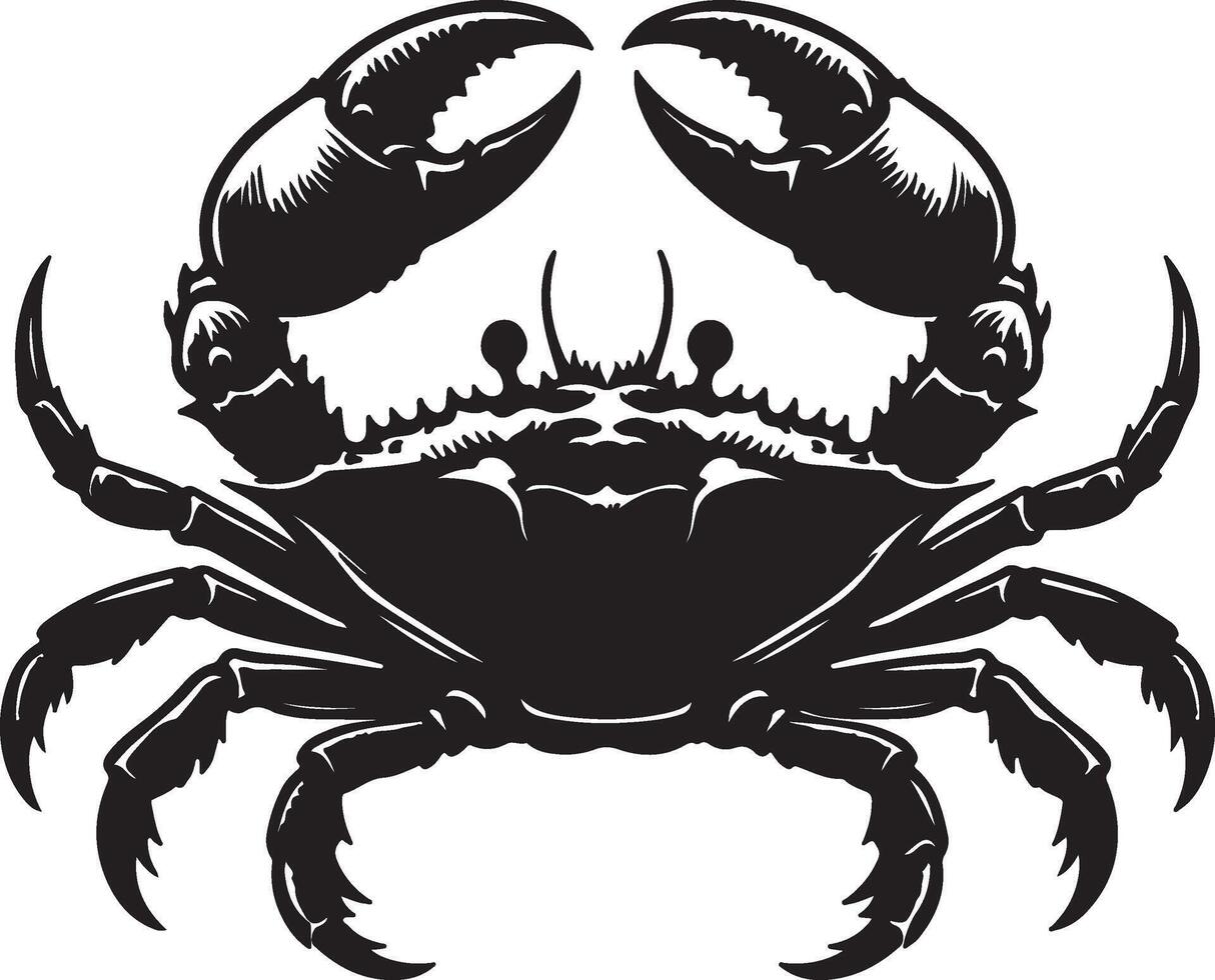 A striking black and white illustration of a crab with prominent claws and detailed legs pose vector
