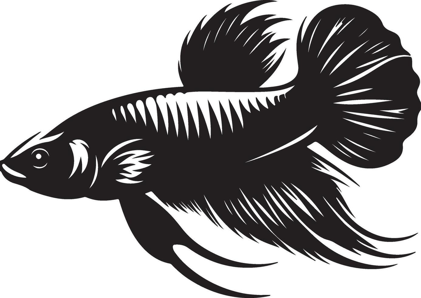 Monochrome graphic illustration of a betta fish with flowing fins and detailed scales design vector
