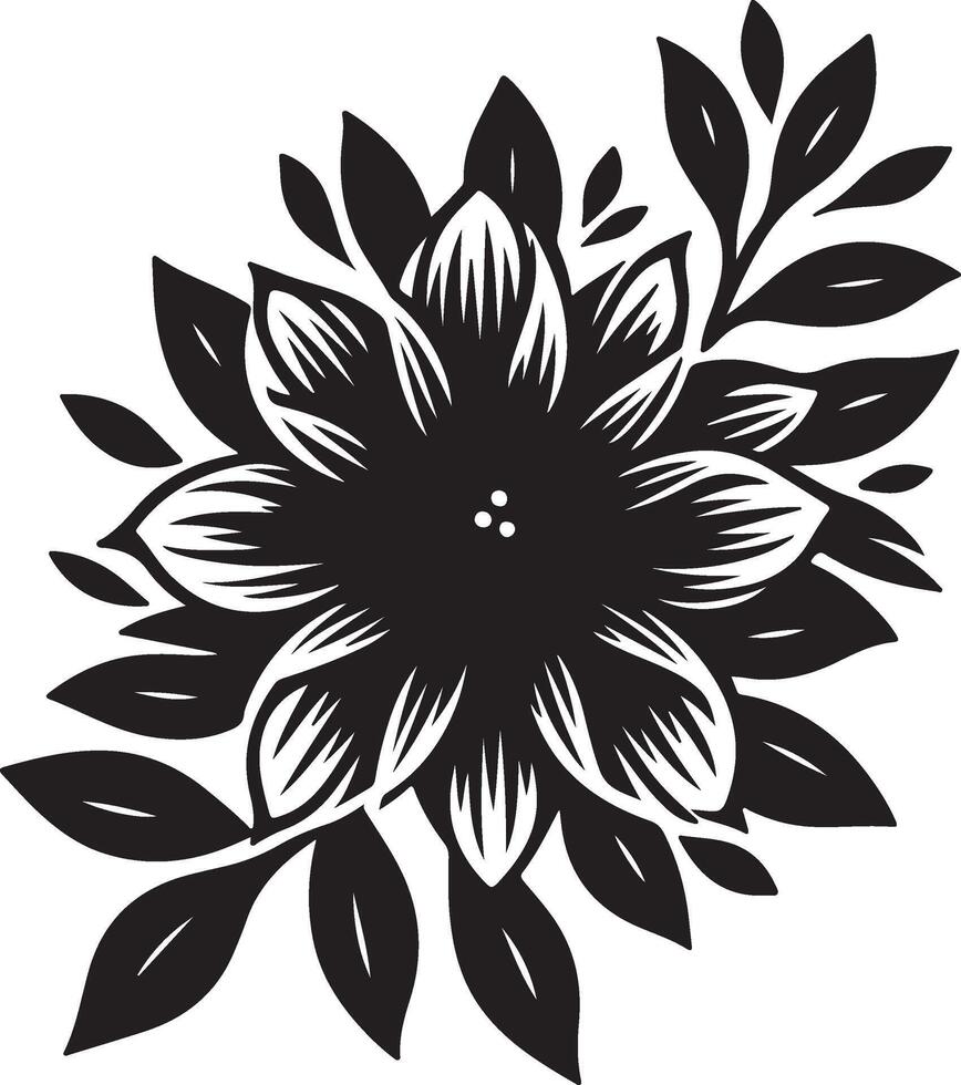 A stylized black and white flower with pointed petals and leaves arranged symmetrically around it vector