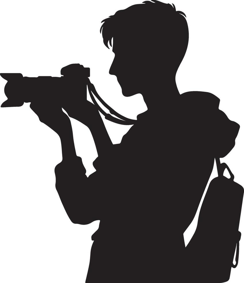 Silhouette of a person holding a camera with a strap and wearing a backpack in black and white vector