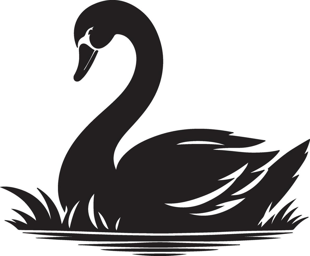 A silhouette of a swan gracefully gliding on water surrounded by grass in black and white style vector