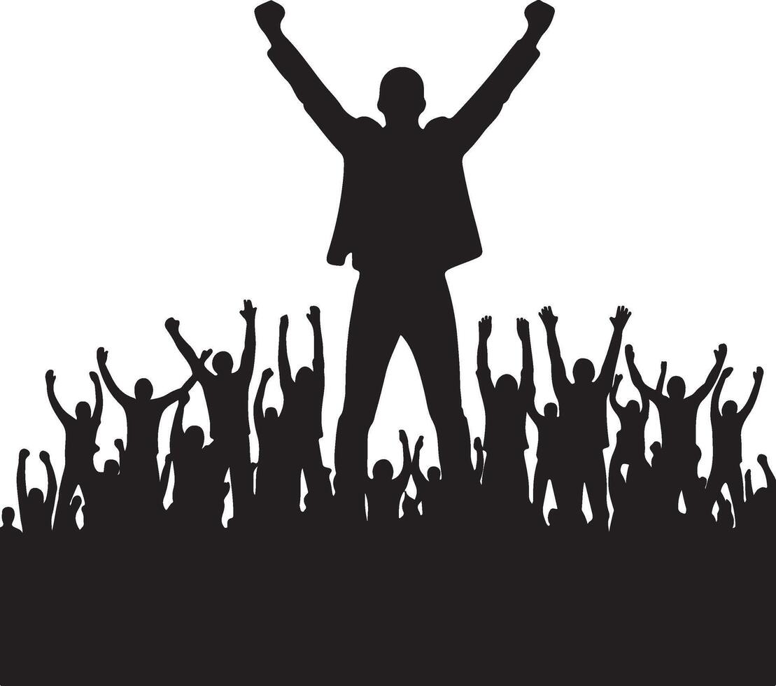 Silhouette of a crowd with raised hands and a person standing in front with arms raised high up vector