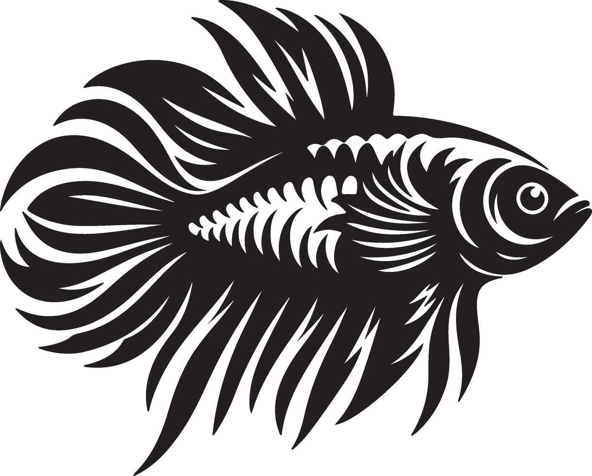 A striking black and white illustration of a betta fish with elaborate fins and tail design style vector