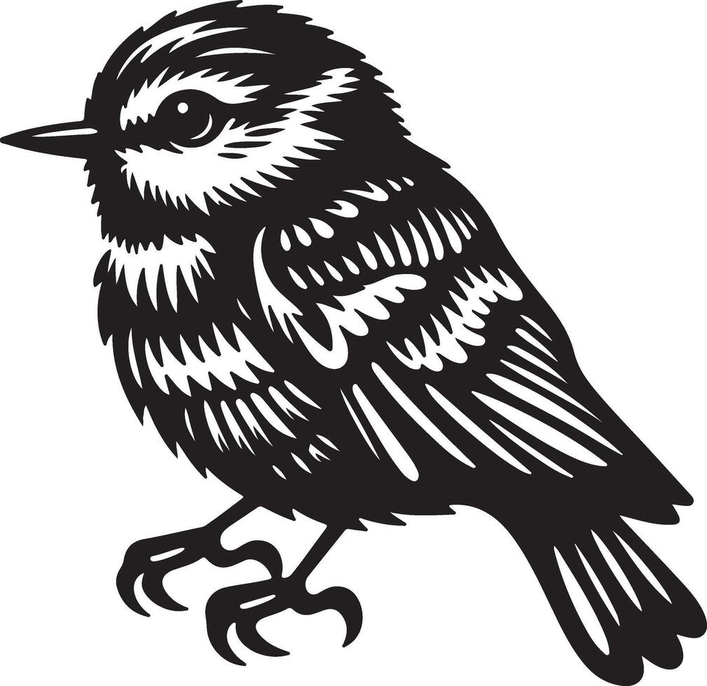 A stylized black and white illustration of a small bird perched with detailed feathering design vector