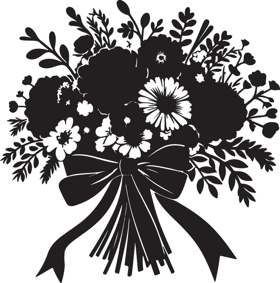 A black and white silhouette of a floral bouquet with a bow tied around the stems of the flowers vector