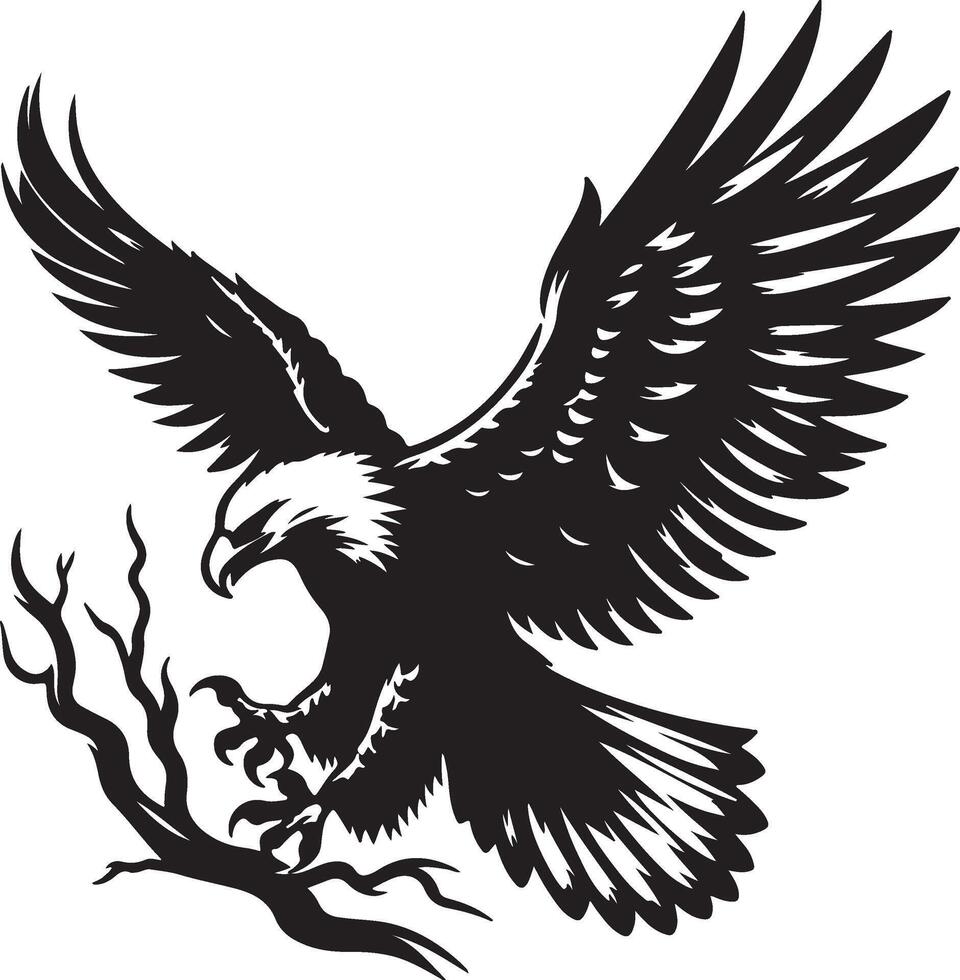 Eagle descending from the sky with outstretched wings and talons gripping a bare branch in black and white vector