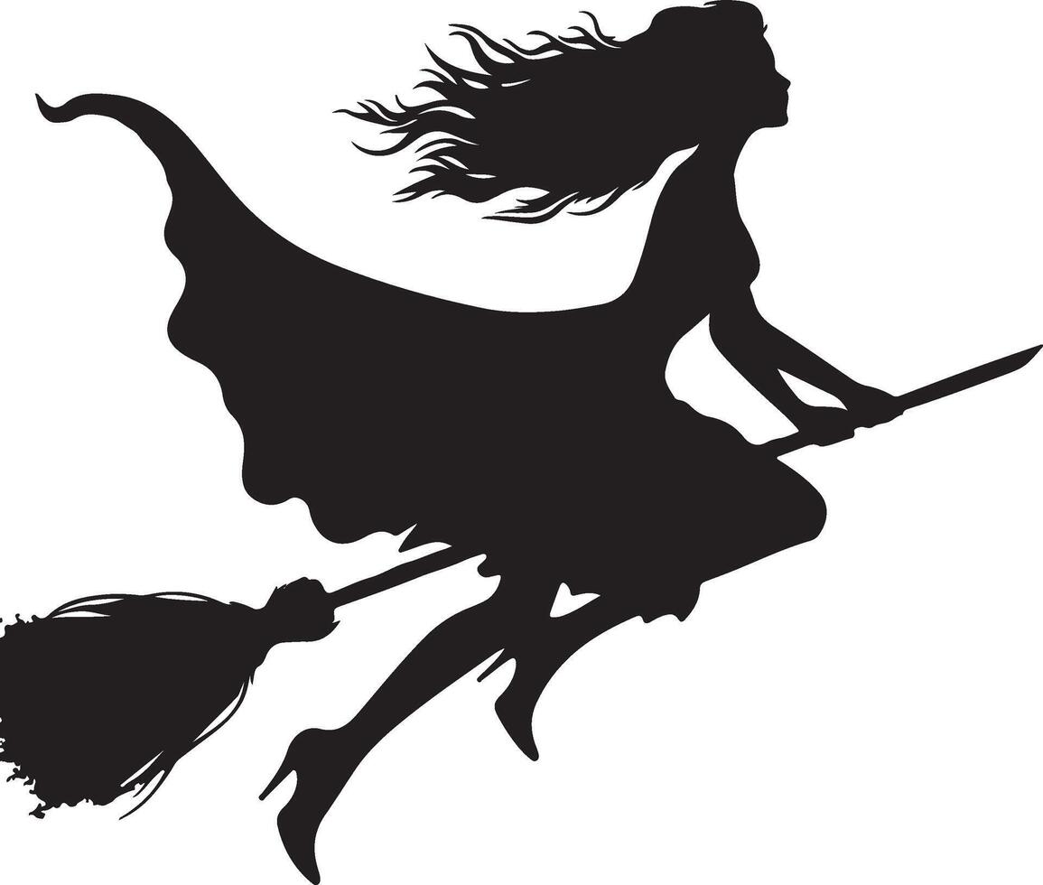 Silhouette of a woman with flowing hair in a dress riding a broomstick on a white background vector