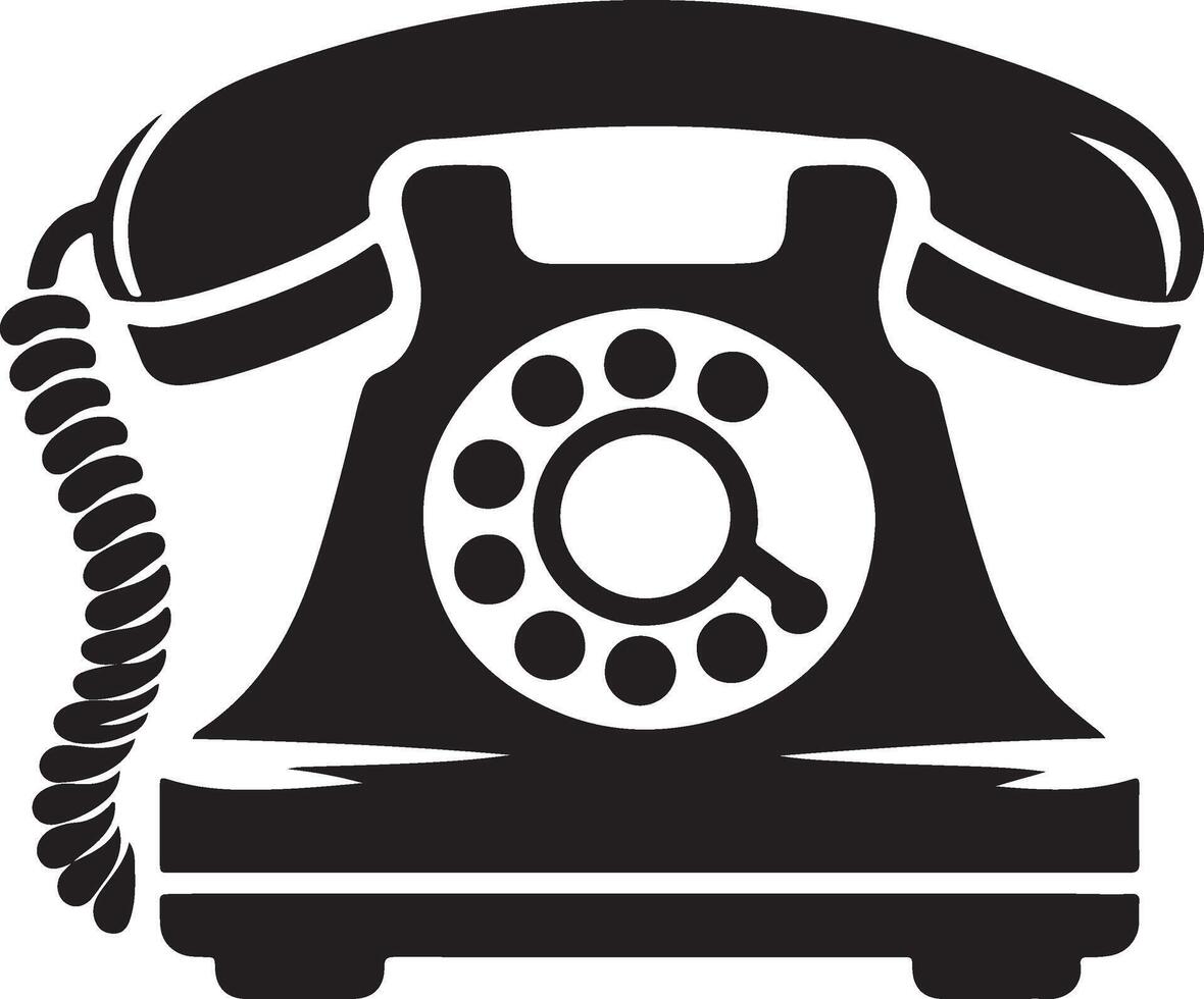 A black and white illustration of a vintage rotary dial telephone with coiled cord design element vector