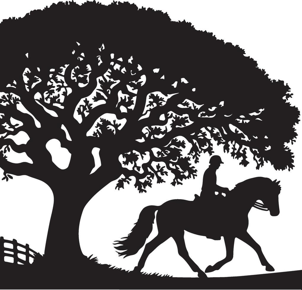 Silhouette of a horse and rider under a large tree with a fence in the background in black and white vector