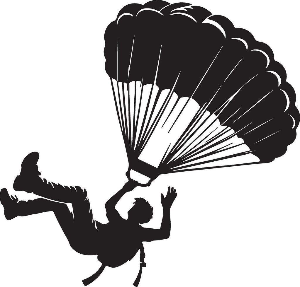 Silhouette illustration of a skydiver with a parachute against a white background in monochrome style vector