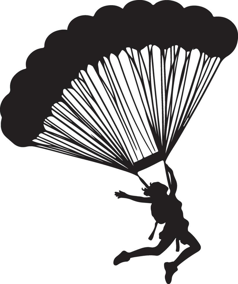 Silhouette of a person skydiving with a parachute against a white background in monochrome art vector