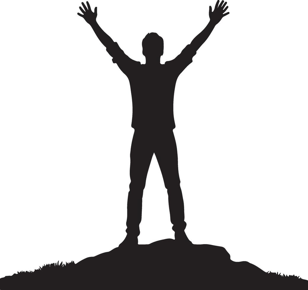 Silhouette of a person standing on a hill with arms raised against a white background, full body shot vector