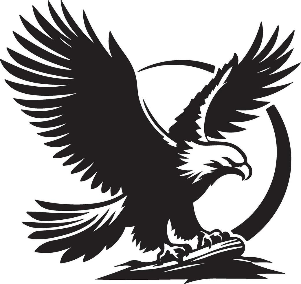 A graphic illustration of a black eagle with outstretched wings against a white background circle vector