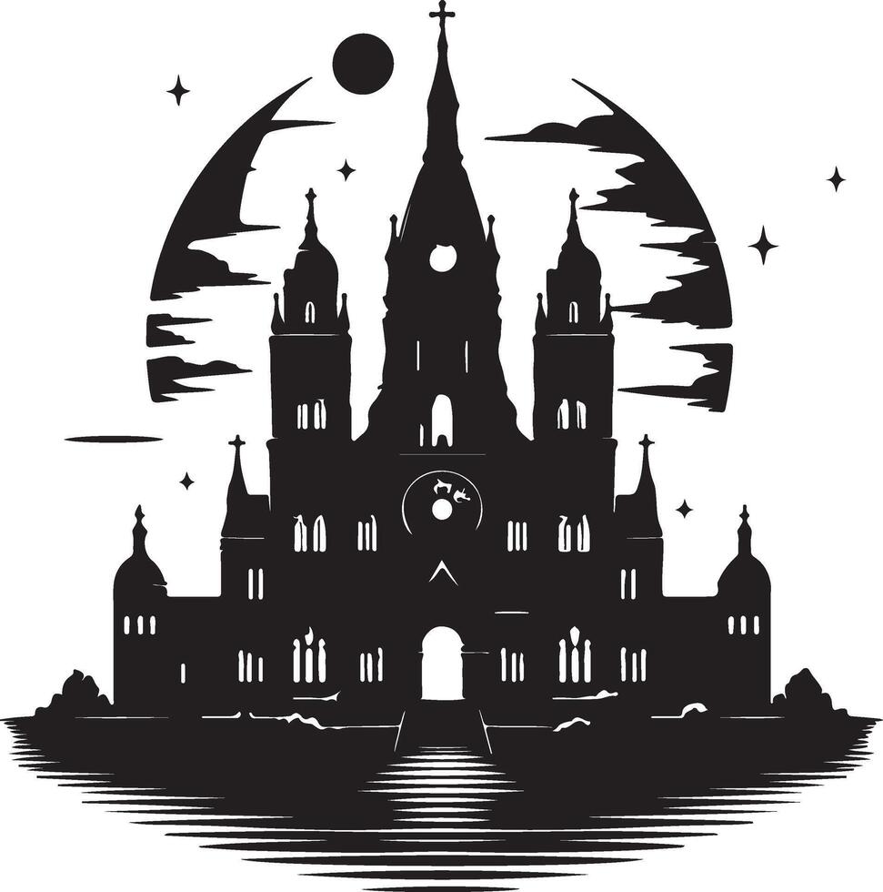 A black and white silhouette of a gothic cathedral with a moon and stars in the background vector