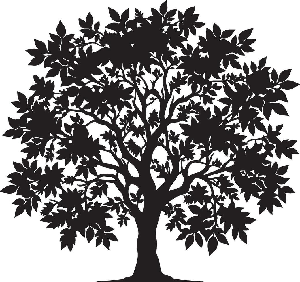 A silhouette of a tree with dense foliage and branches against a stark white background image art vector