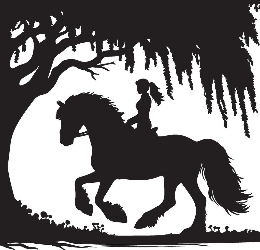 A silhouette of a girl riding a horse under a tree with hanging branches in black and white art vector