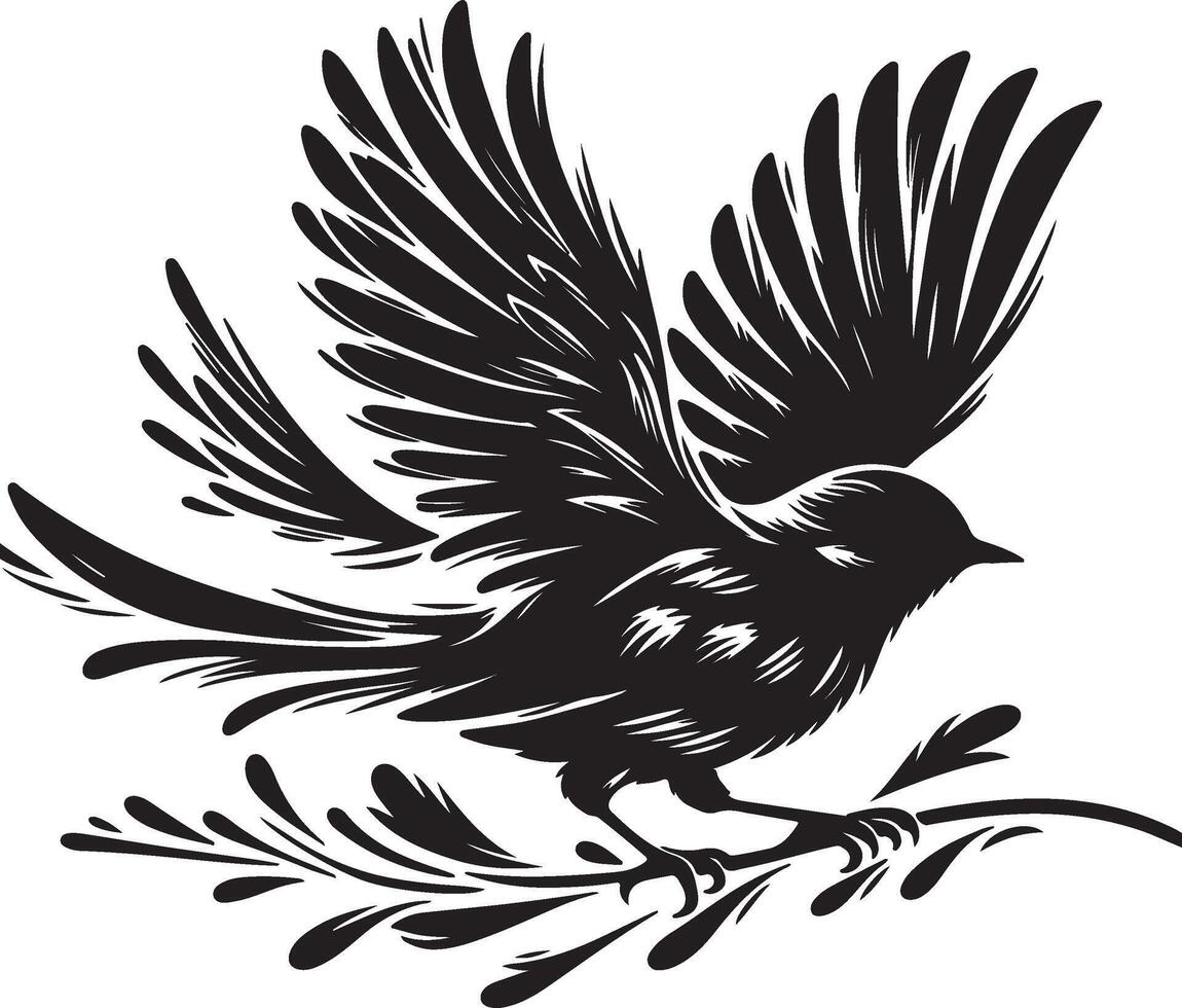 A black and white illustration of a bird perched on a branch with its wings spread wide open vector