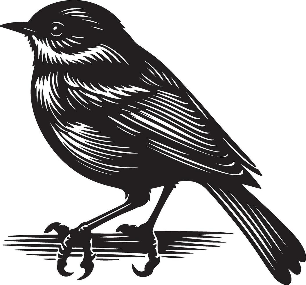 A stylized black and white illustration of a bird perched on a branch with detailed linework vector