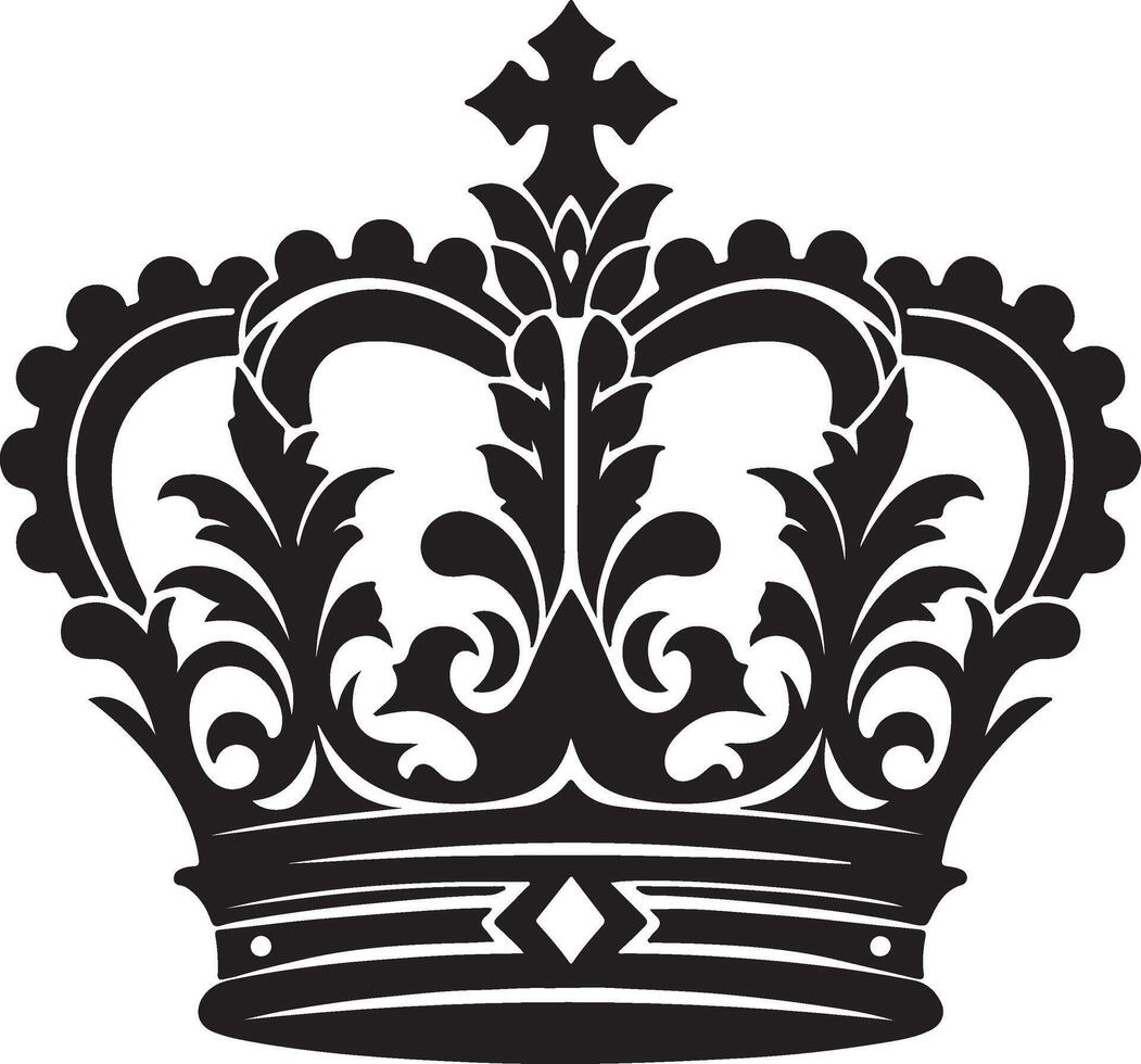 A detailed black and white illustration of an ornate crown with floral and geometric designs vector