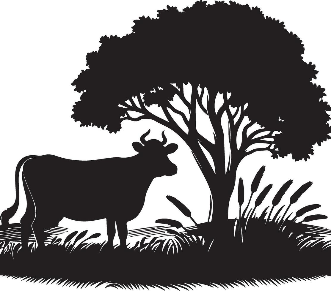 A black and white silhouette of a cow standing in a field next to a large tree illustration vector