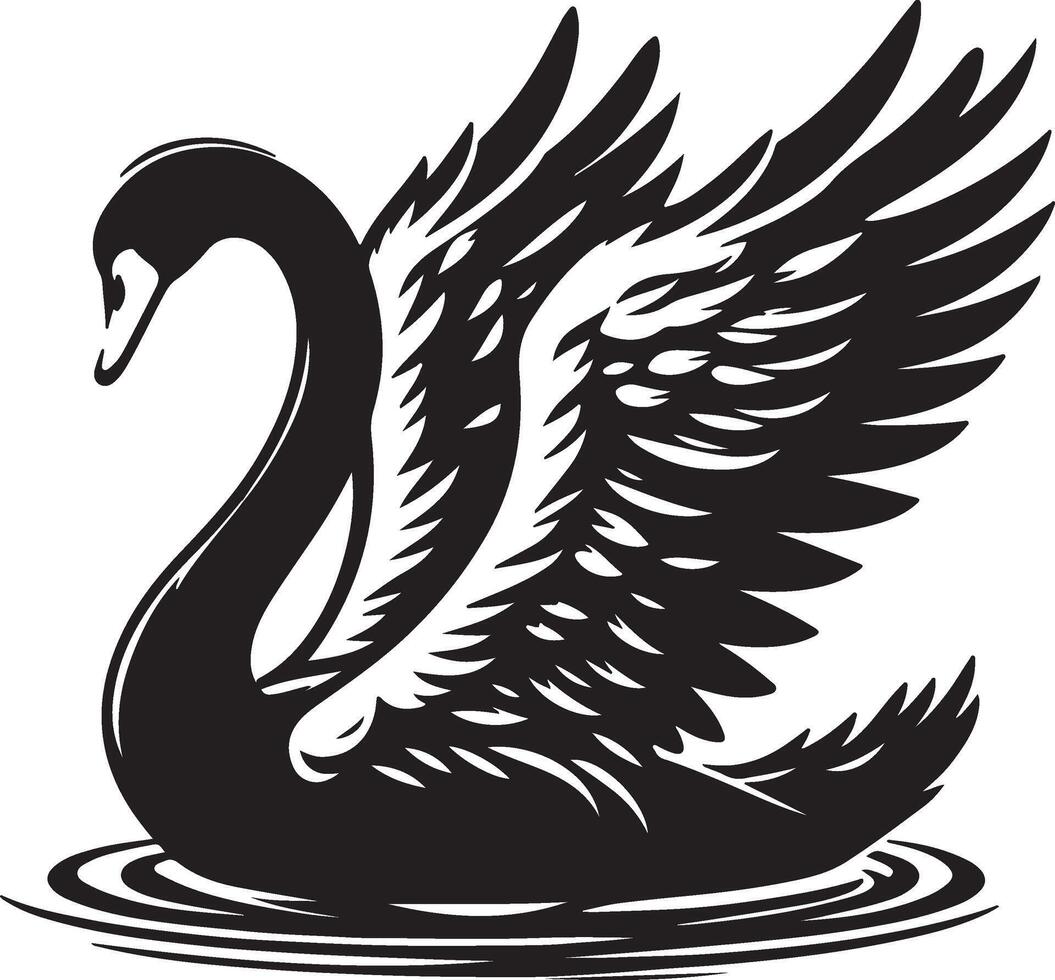 A striking black and white illustration of a swan with its wings spread on water ripples design vector